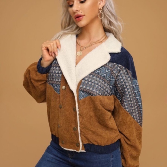 Camel Corduroy shearling line tribal Button Jacket - Picture 8 of 8